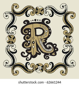 naive baroque alphabet, hand drawn letter R