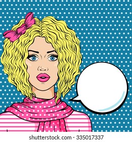 Naive blonde girl with speech bubble for text pop art comic style vector illustration, surprised curly hair blond woman thinking.