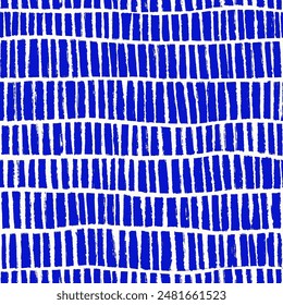 Naive Blue playful boho seamless pattern with hand drawn textured dashes. Abstract matisse pattern in bright childish colors. Messy graffiti wallpaper print. Swiss Doodle contemporary design for kids.