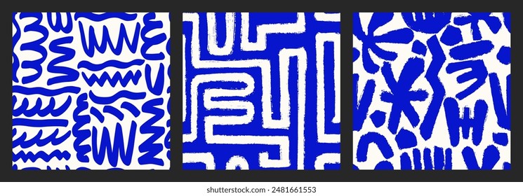 Naive blue playful seamless pattern pack with squiggle, daisies and doodles. Matisse pattern. Messy graffiti print in bright childish colors. Swiss contemporary design with hand drawn textured. 