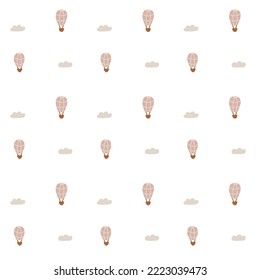 Naive boho minimalist pattern balloon with clouds. Baby Shower Scandinavian pastel wallpaper. Textile fabric design for kids. Flat bohemian vector neutral background paper