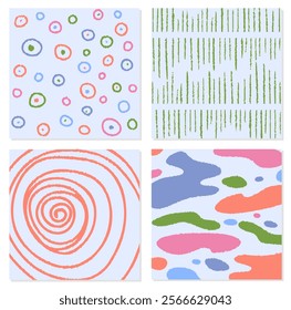 Naive boho patterns set. Colorful trendy ornaments. Abstract minimalistic creativity and art. Red, blue, green and pink spots. Flat vector collection isolated on white background