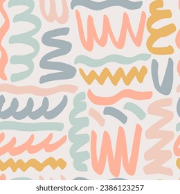Naive boho playful squiggle seamless pattern. Abstract doodle pattern for kids of natural tones. Messy graffiti wallpaper print. Doodle Aesthetic line art contemporary backgrounds.