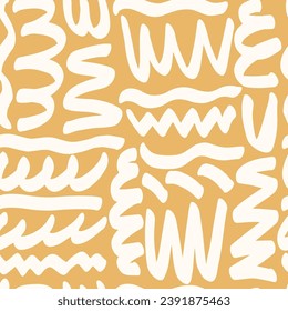 Naive boho playful squiggle seamless pattern on mustard. Abstract doodle pattern for kids of natural tones. Messy graffiti wallpaper print. Doodle Aesthetic line art contemporary backgrounds.