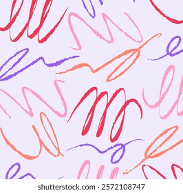 Naive boho seamless pattern. Repeating design element for printing on fabric. Red and blue wavy lines. Wallpaper and texture. Childish hand drawn sketch. Flat vector illustration