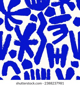 Naive bold abstract shapes seamless pattern in blue doodle grunge style. Matisse pattern in bright childish colors. Messy graffiti sketch wallpaper print. Aesthetic Swiss contemporary backgrounds.