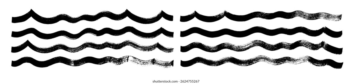 Naive bold brush drawn waves, underlines or borders. Thick doodle texture horizontal lines. Abstract modern vector squiggles, brush drawn wavy strokes. Dirty curved vector brushstrokes.