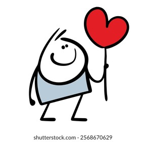 Naive boy came on a date, holding a balloon in the shape of a heart. Funny vector drawing. Stickman fell in love, waiting for pretty girlfriend. Isolated cartoon person on white background.