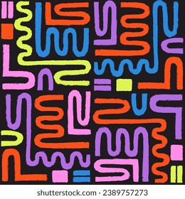 Naive bright playful squiggle seamless pattern on black. Abstract matisse pattern in bright childish colors. Messy graffiti wallpaper print. Doodle contemporary backgrounds with dry brush textures.