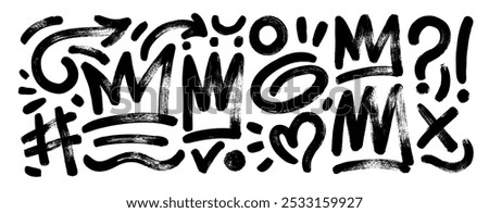 Naive brush drawn crowns, squiggles and arrows. Funky hearts and hand drawn geometric figures. Various bold scribbles and shapes in trendy retro cartoon style. Punk and graffiti style elements.