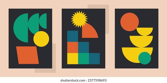 Naive brutalist poster set print. Groovy circle oval rectangle typography in trendy retro 90s cartoon style. Vector illustration with wavy geometric design. Brutalism aesthetic