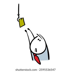 Naive businessman in a business suit reaches for a banknote on a hook. Vector illustration of a guy trapped. Stickman and bait. Isolated cartoon man on white background.