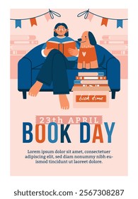 Naive cartoon illustration to World Book Day. Woman sitting in sofa with open book in hands and with her dog. Cute poster template with reading woman, garlands, stack of books, text. Flat Design. 