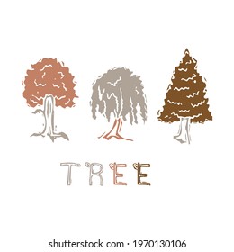 Naive carved tree block print motif icon . Cute rustic silhouette illustration text clipart. Decorative hand carved lino sticker word. Isolated minimal gender neutral shape. Modern unisex vector 
