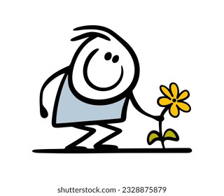 Un niño ingenuo se sentó y arrancó una flor de un lecho de flores en el parque. Ilustración vectorial de un stickman en el jardín. Caricatura de Doodle, caricatura de hombre aislado en fondo blanco. 