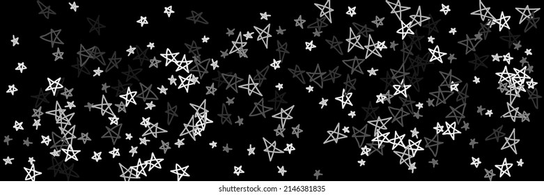 Naive kindische dunkelweiße, einfache Nachtkids Art Stars Hintergrund. Himmelskaotische Sterne Hellgraue Graue handgezeichnete Sterne. Retro Black Monochrome Stars Gray Bright Dunkle Hand gezeichnet Illustration.