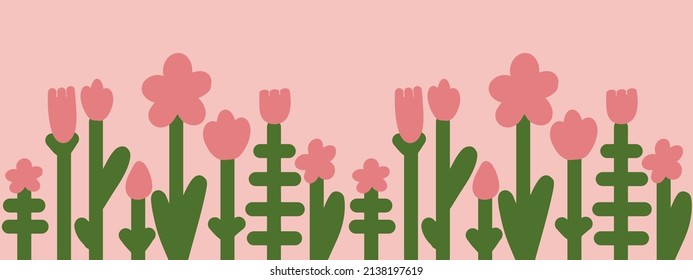 naive childish flowers and leaves, seamless border pattern in trendy flat minimalist style