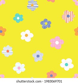 Naive childish textured flower in vibrant rainbow colours vector seamless pattern. Summer floral Scandinavian nursery calico print design