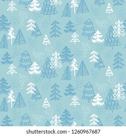 Naive Christmas vector seamless pattern with trees ans snow. Xmas simple texture. Christmas Wrapping paper.