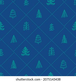 Naive Christmas vector seamless pattern with trees and dot snow. Xmas simple rapport. Christmas pattern. Christmas trees. Wrapping paper.