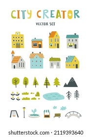 Naive city creator set for nursery map. Cute houses, trees and urban objects. Bundle of little town elements.