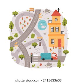 Naive City Map with Cartoon Road, Car and House Vector Illustration