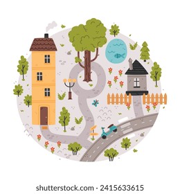 Naive City Map with Cartoon Road, Pond and House Vector Illustration