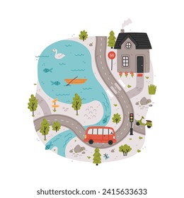 Naive City Map with Cartoon Road, Bus and House Vector Illustration