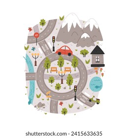 Naive City Map with Cartoon Road, Car and House Vector Illustration