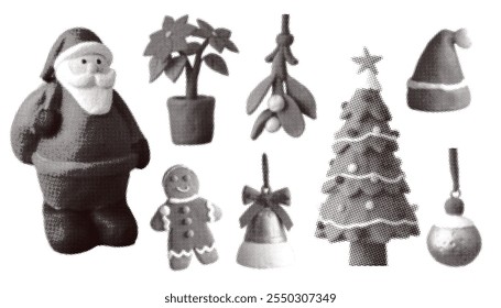 Naive clay set of Christmas halftone collage elements. Magazine halftone dotted Christmas tree, decoration, gingerbread man, mistletoe, red hat and Santa. Vector retro grunge.