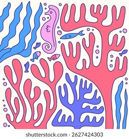 Naive coral abstract shape matisse geometric square composition. Childish organic art coral underwater world in doodle minimal style. Vector hand simple hand drawn illustration