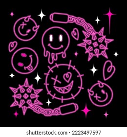 Naive crazy positive dripping smiling print, trippy Y2k gothic funny faces, morgenstern. Vector graphic, gothic hell evil style. Black and pink colors.