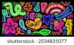 Naive cute abstract shapes sticker pack. Fun funky flowers, bubbles, stars, circles, eyes typography in trendy retro 90s cartoon style