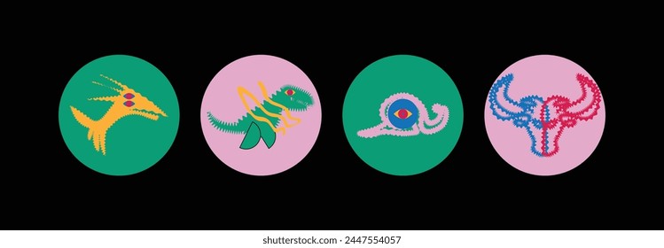 Naive cute abstract shapes sticker pack. groovy circle oval rectangle curved eyes in trendy retro 90s cartoon style. Vector illustration with wavy geometric elements. Aesthetic brutalism.bull,godzilla