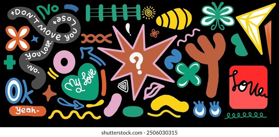 Naive cute abstract shapes sticker pack. Fun funky flowers, bubbles, stars, circles, eyes typography in trendy retro 90s cartoon style