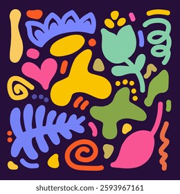 Naive cute abstract shapes sticker pack. Fun funky flowers, heart, bubbles, leaves in trendy retro 90s cartoon style