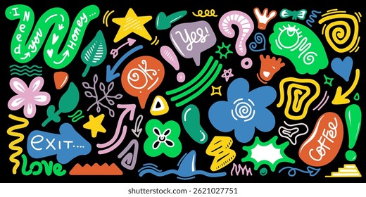 Ingênuo bonito abstrato formas adesivo pacote. Divertidas flores funky, bolhas, estrelas, círculos, olhos tipografia em estilo de desenho animado retro dos anos 90