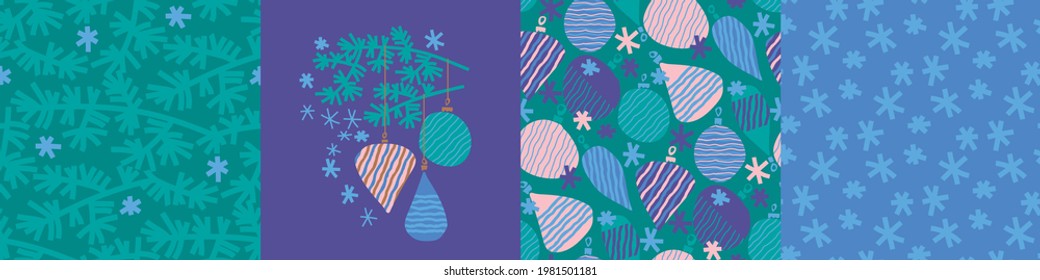 Naive cute winter holiday vector set in green and blue. Shabby Christmas patterns and elements for card, header, invitation, poster, social media, post publication. Boho style Christmas. 