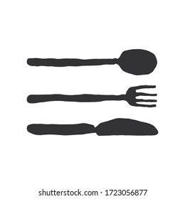 Naive cutlery hand drawing. Fork, spoon and knife cafe illustration on the white background