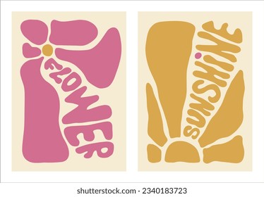 Naive Doodle Curve Aestethic Poster Set with Lettering in Yellow, Pink Color. Groovie Abstract Flower and Sun in Retro Style. Organic Hippie Backgrounds for T-Shirts, Wallpaper, Case Phone.