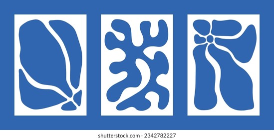 Naive Doodle Curve Aestethic Poster Set in Blue Color. Groovie Abstract Flower, Coral, Seashell in Retro Style. Organic Hippie Backgrounds for T-Shirts, Wallpaper, Case Phone.