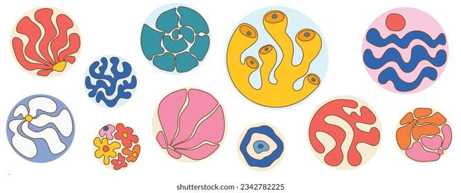 Naive Doodle Curve Aestethic Sticker Set in Round Shape. Groovie Abstract Flower, Coral, Seashell, Wave in Retro Style. Organic Hippie Backgrounds for T-Shirts, Wallpaper, Case Phone. Vector