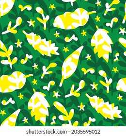 Naive doodle leaf textured seamless vector pattern background. Green yellow backdrop with falling oak, birch leaves, sprigs blended with burlap texture. Hand drawn multidirectional botanical repeat.