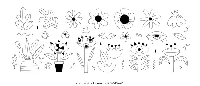 Naive doodle organic abstract flowers set, hand drawn doodle floral elements, vector texture shapes. Childish decorative natural spring matisse collection. Line art psychedelic hippie flowers