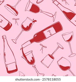 Naive drawing pattern with bottles in Dolce Vita aesthetic. Hand-drawn chalk wine illustrations. A collection of whimsical doodle line art. Vintage ink elements for menus and posters. Pink background
