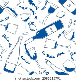 Naive drawing pattern with bottles in Dolce Vita aesthetic. Hand-drawn chalk wine illustrations. A collection of whimsical doodle line art. Vintage ink elements for menus and posters