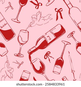 Naive drawing pattern with bottles in Dolce Vita aesthetic. Hand-drawn chalk wine Valentine's Day illustrations. A collection of whimsical doodle line art. Vintage ink elements for menus and posters