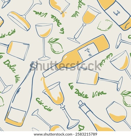 Naive drawing pattern with bottles in Dolce Vita aesthetic. Hand-drawn chalk wine illustrations. A collection of whimsical doodle line art. Vintage ink elements for menus and posters