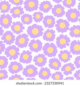 Fondo floral naif. Patrón floral con pequeñas flores de margarita lila sobre un fondo blanco. Patrón sin inconvenientes para el diseño y las impresiones de moda. Estilo marrón. Ilustración vectorial de material.