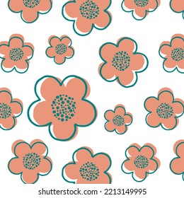 Naive floral boho pattern with peach daisies on a white background in doodle style. Сute contemporary minimalistic trendy boho background design for kids. Scandinavian nursery print